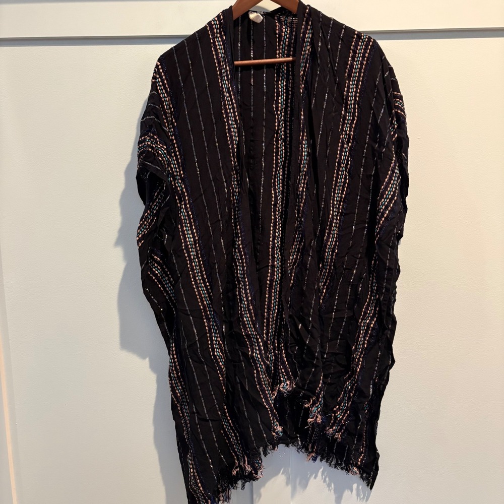 Elan Black Striped Metallic Thread Kimono Cardigan One Size Fringe